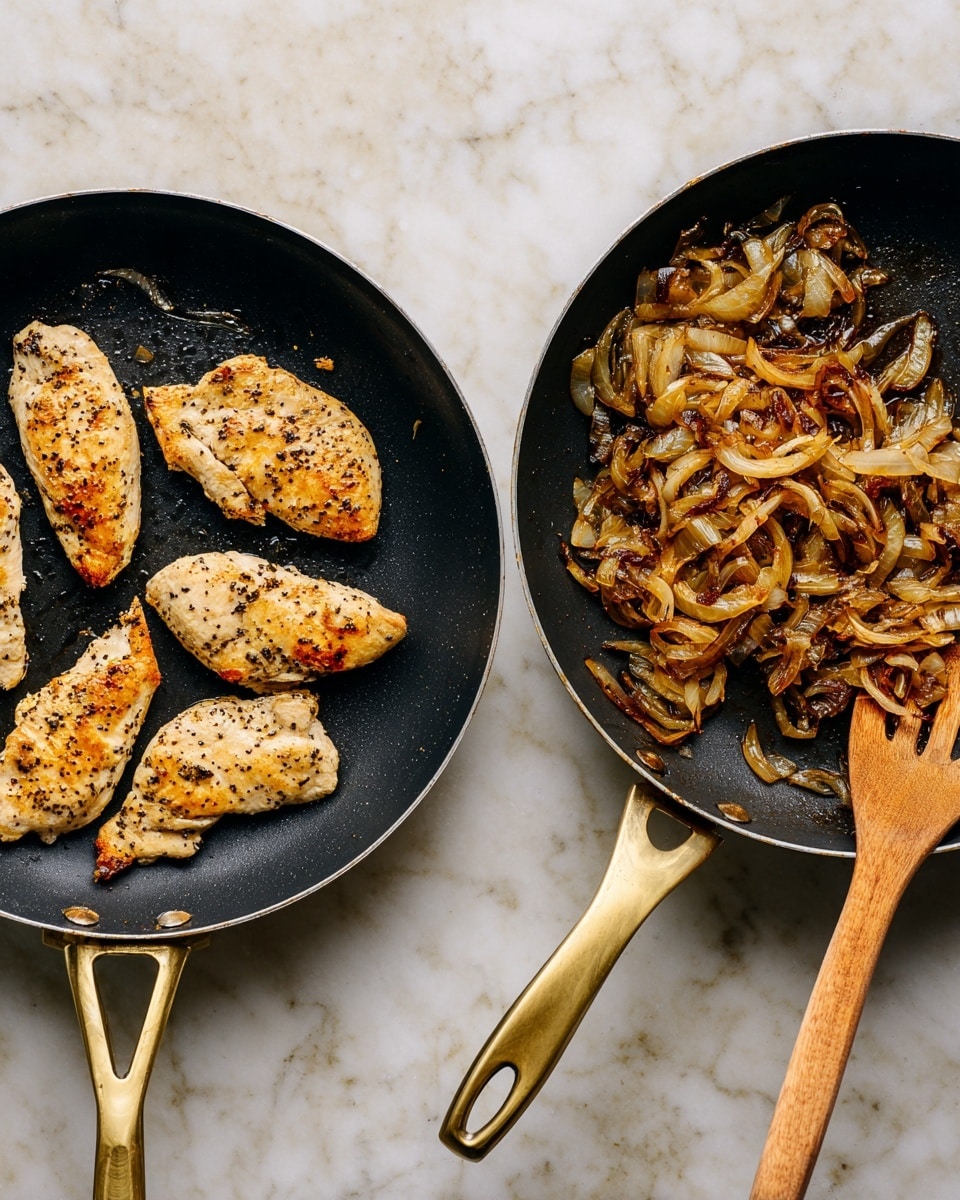 The image shows two black frying pans with gold handles on a white marbled surface. The left pan contains six pieces of cooked chicken, each with a golden brown color and seared texture, arranged evenly to cover the pan. The right pan is filled with caramelized onions, which have a rich brown color and glossy look, mixed with slightly translucent parts. A wooden spoon with a dark tip rests on the right side of the pan among the onions. Photo taken with an iphone --ar 4:5 --v 7