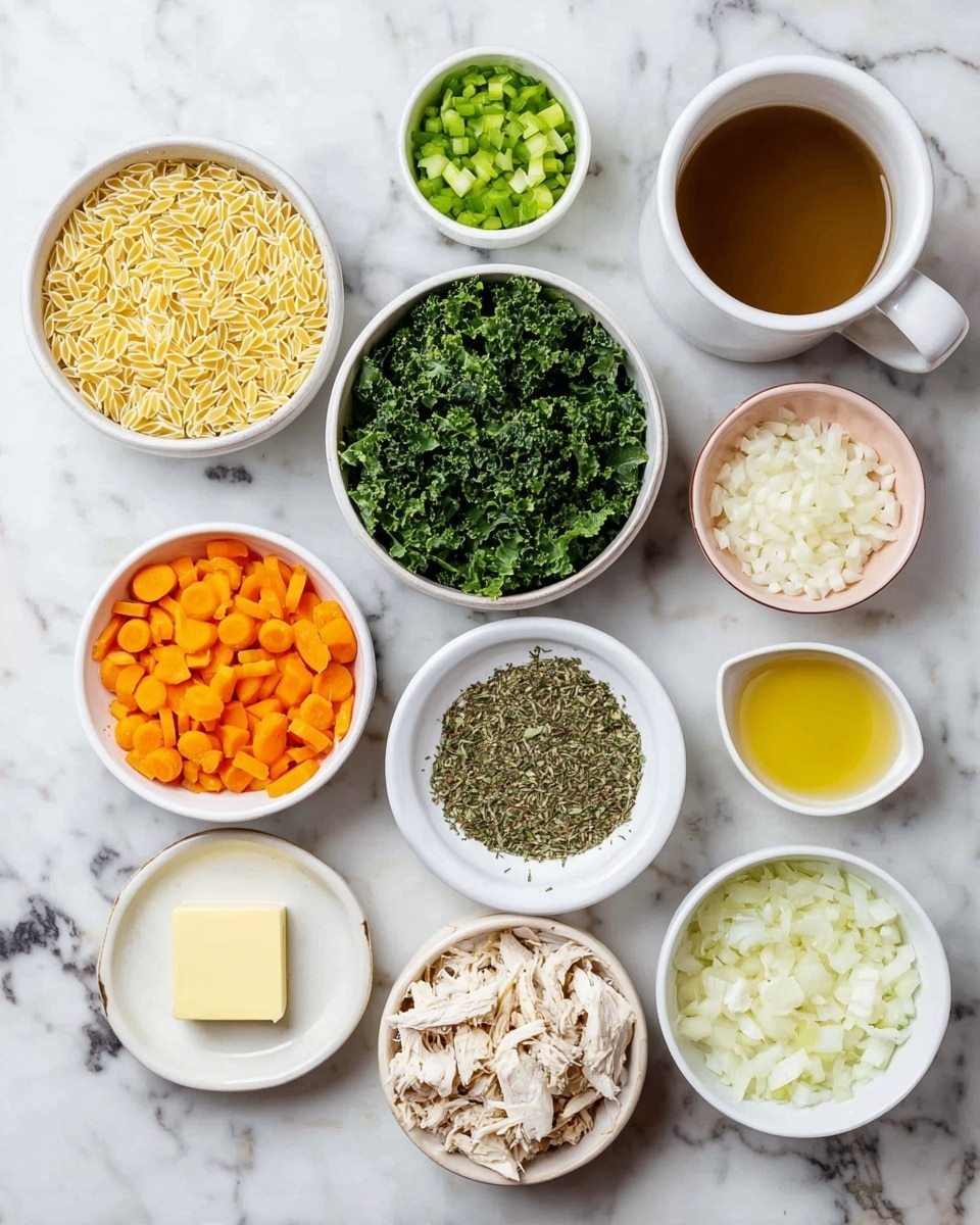 The image shows several white bowls and a white mug arranged on a white marbled surface. From the top left, there is a bowl of uncooked orzo pasta, a bowl with chopped green celery, a bowl filled with chopped kale, and a white mug with brown broth or stock. Below these, a bowl contains sliced orange carrots, next to it a small plate has mixed dried herbs. In the center is a bowl with a square piece of butter in melted butter, below that is finely grated lemon zest in a small bowl, and next to it shredded cooked chicken in a white bowl. Near the chicken, there is a small bowl with olive oil, a pink bowl with chopped garlic, a bowl with chopped fresh herbs, and lastly a bowl of chopped white onions. All bowls are white, and the items are neatly arranged in a flat lay style. photo taken with an iphone --ar 4:5 --v 7