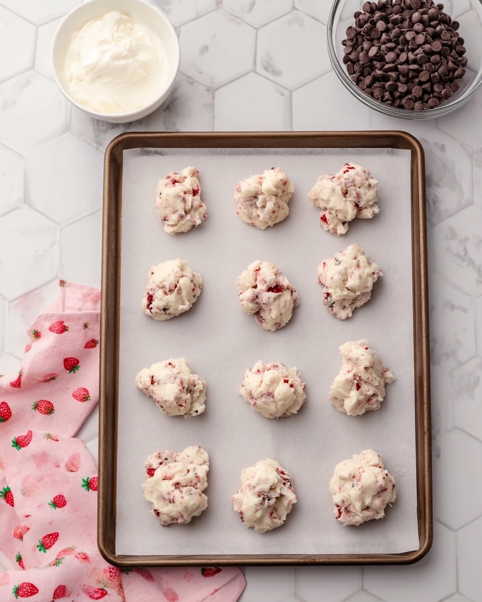 Twelve uneven small mounds of a creamy white mixture with bits of red fruit are spread evenly on a sheet of parchment paper on a baking tray, placed on a white marbled hexagon tile background. Above the tray, there is one small white bowl filled with a white, soft substance and a larger clear bowl filled with dark chocolate chips, filling the top right area of the image. A pink cloth with small strawberry prints is partially visible under the tray in the bottom left corner. The scene looks bright and clean, with soft natural light. photo taken with an iphone --ar 4:5 --v 7