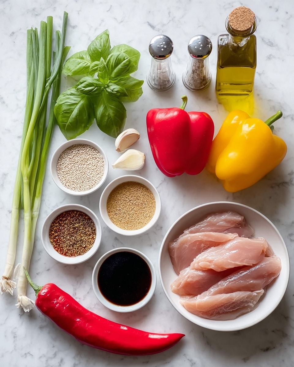 The image shows fresh cooking ingredients arranged neatly on a white marbled surface. On the right side, a white bowl holds several raw light pink meat slices. Next to the bowl, there are a whole red bell pepper and a whole yellow bell pepper. In front of the peppers, there is a long red chili pepper. To the left of the chili pepper, there are fresh green onion stalks and a small bunch of fresh basil leaves. Above the onions, two peeled garlic cloves lie next to salt and pepper shakers placed side by side. On the far left, in four small white bowls arranged vertically, there are sesame seeds, a dark soy sauce, a thick dark sauce, and a golden liquid, likely oil. Above the yellow pepper, there is a glass bottle of olive oil with a cork stopper. The whole setup is well lit, showing colorful and fresh ingredients. Photo taken with an iphone --ar 4:5 --v 7