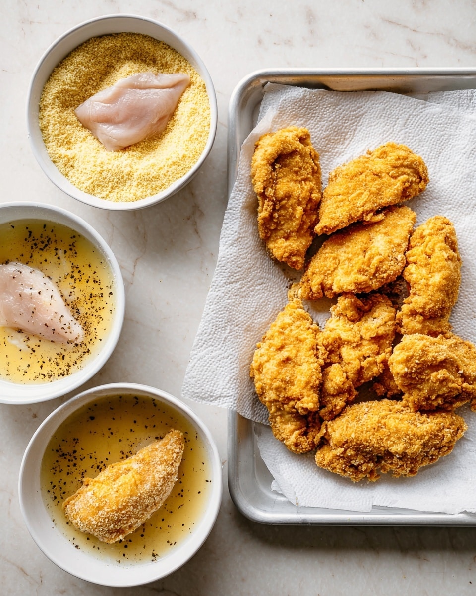 The image shows two parts side by side. On the left, there are three white bowls and a small white tray arranged on a white marbled surface. The top bowl contains light yellow breadcrumbs, with a raw light pink chicken piece placed on top. Below it, another bowl holds a beaten egg mixture with visible specks of black pepper and a raw chicken piece soaking in it. To the right, the small white tray has two pieces of chicken coated in breadcrumbs. On the right side of the image is a white tray lined with paper towels. It holds seven golden brown, crispy fried chicken pieces, showing a rough crunchy texture and uneven shapes. Photo taken with an iphone --ar 4:5 --v 7