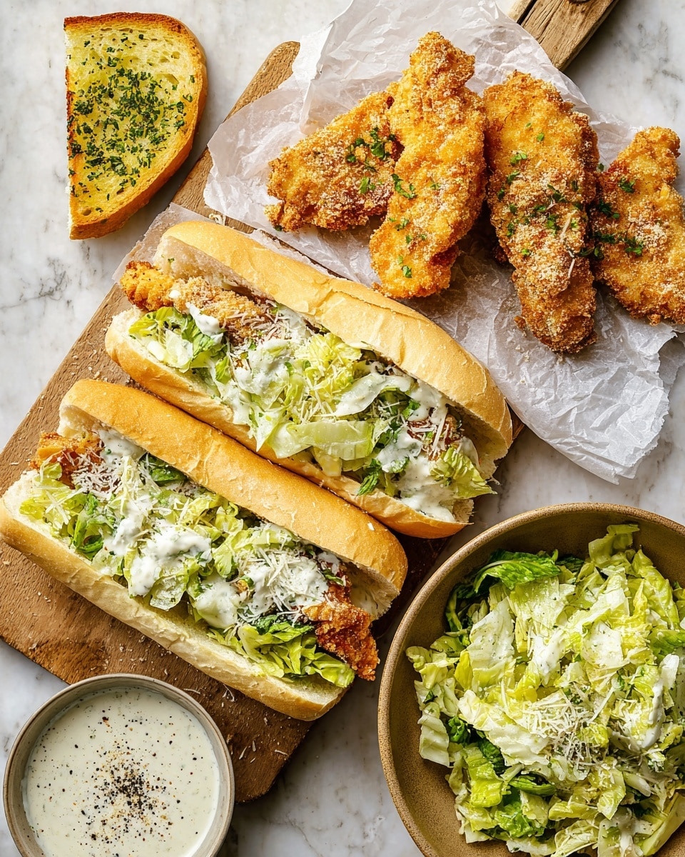 The image shows two sandwiches on a white marbled surface, each made with a light golden sandwich roll, cut open with crispy golden fried chicken fillets inside. On top of each chicken fillet are layers of fresh light green lettuce mixed with creamy dressing and topped with grated white cheese. Above the sandwiches on a wooden cutting board lined with white parchment paper are two extra fried chicken fillets with a crunchy textured crust. To the left of the sandwiches is a sliced piece of toasted garlic bread topped with green herbs. Below the sandwiches is a small bowl of creamy white sauce sprinkled with black pepper. On the right side, there is a brown bowl filled with green lettuce mixed with the same creamy dressing and topped with grated white cheese. Photo taken with an iphone --ar 4:5 --v 7