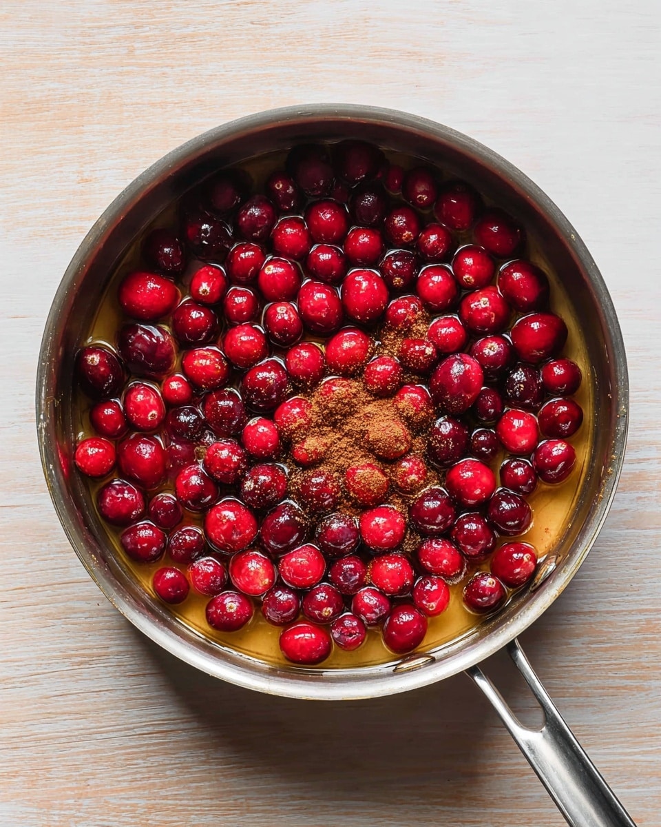 A round metal pan sits on a white marbled surface, filled with a single layer of shiny, deep red cranberries. Some cranberries have a light dusting of warm brown cinnamon powder, mostly gathered in the center. A thin layer of golden liquid surrounds the cranberries, giving a slight shine to the edges of the pan. The pan has a long, silver handle extending out to the right side. Photo taken with an iphone --ar 4:5 --v 7
