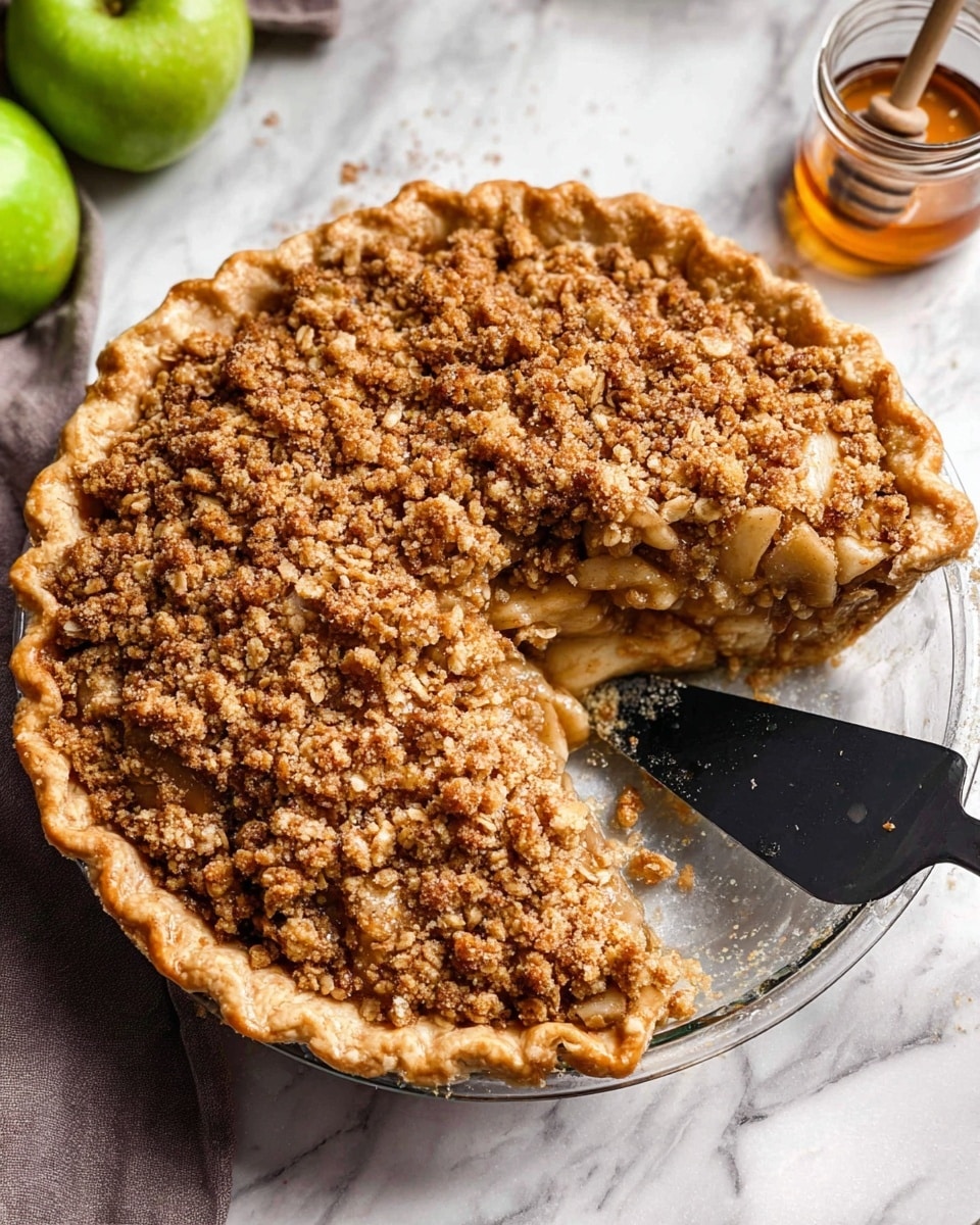 A round apple crumble pie with a golden, crimped crust forms the base layer, topped with a thick, crumbly mixture of brown sugar, oats, and chopped nuts that creates a rough textured top layer with a slightly shiny glaze. A slice has been removed, revealing the inner filling beneath the crumble topping which is a softer, light brown baked apple mixture, slightly peeking through the gaps in the crumbs. The pie rests in a clear glass pie dish on a white marbled surface, with a large black pie server inserted under the removed slice. To the top left, there are two green apple halves and a small jar of honey with a dipper. The scene is softly lit, emphasizing textures and warm tones. photo taken with an iphone --ar 4:5 --v 7