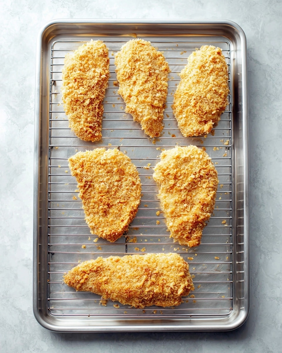 A metal baking tray with a wire rack holds five pieces of breaded chicken, arranged neatly in two rows; the top row has two pieces, and the bottom row has three. Each piece is fully coated with a light golden crumb layer that looks crunchy and textured. The tray sits on a surface with a white marbled texture that softly contrasts with the tray and chicken pieces. The crumbs are evenly spread, showing no bare spots on the chicken. photo taken with an iphone --ar 4:5 --v 7