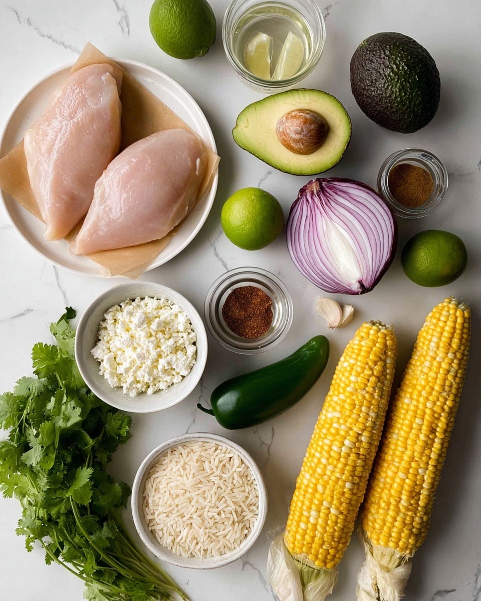The image shows various fresh ingredients spread out on a white marbled surface, including two raw chicken breasts on white plate with brown parchment under them, one whole ripe avocado with bumpy dark green skin, a halved purple onion showing white and purple layers, one whole dark green jalapeño pepper, two whole bright green limes, two peeled garlic cloves, a small white bowl filled with white crumbly cheese, a bunch of fresh green cilantro leaves, two small glass jars of spice powders—one brown and one dark red, a white bowl holding uncooked long-grain white rice, and four ears of yellow corn with green husks partially pulled back, exposing the kernels. All items are arranged neatly with clear space around them. Photo taken with an iphone --ar 4:5 --v 7