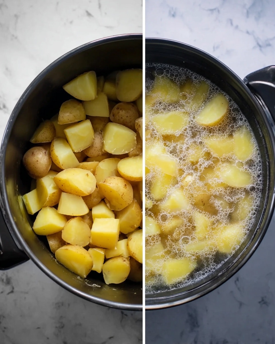 The image shows two scenes side by side. On the left, a black pot is filled with many pieces of raw potatoes in different sizes, showing yellow flesh with some brown skin still on. On the right, the same black pot is filled with potato pieces covered in bubbling water, indicating boiling. The water has foam on top, and the potatoes look slightly softer with a pale yellow color through the water. The background is a white marbled texture. photo taken with an iphone --ar 4:5 --v 7