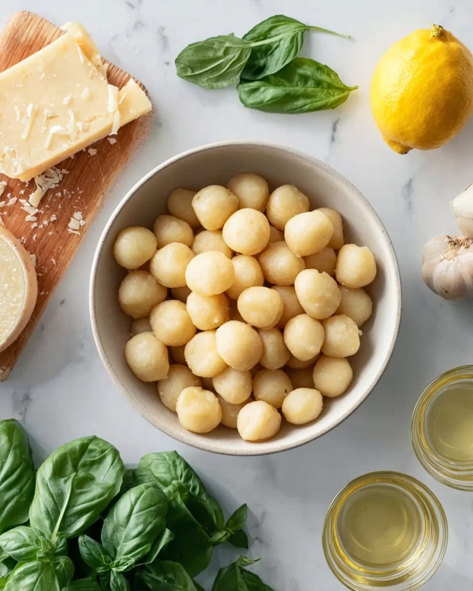 The image shows a white bowl filled with round, pale yellow macadamia nuts placed in the center on a white marbled surface. Surrounding the bowl are fresh green basil leaves to the left, a wedge of light yellow hard cheese on the top left, a whole yellow lemon on the right, a small clear glass cup with a light yellow liquid at the top right, and a smaller clear glass cup with no visible liquid near the top right corner. The overall arrangement looks neat and fresh, with natural, soft lighting. Photo taken with an iphone --ar 4:5 --v 7