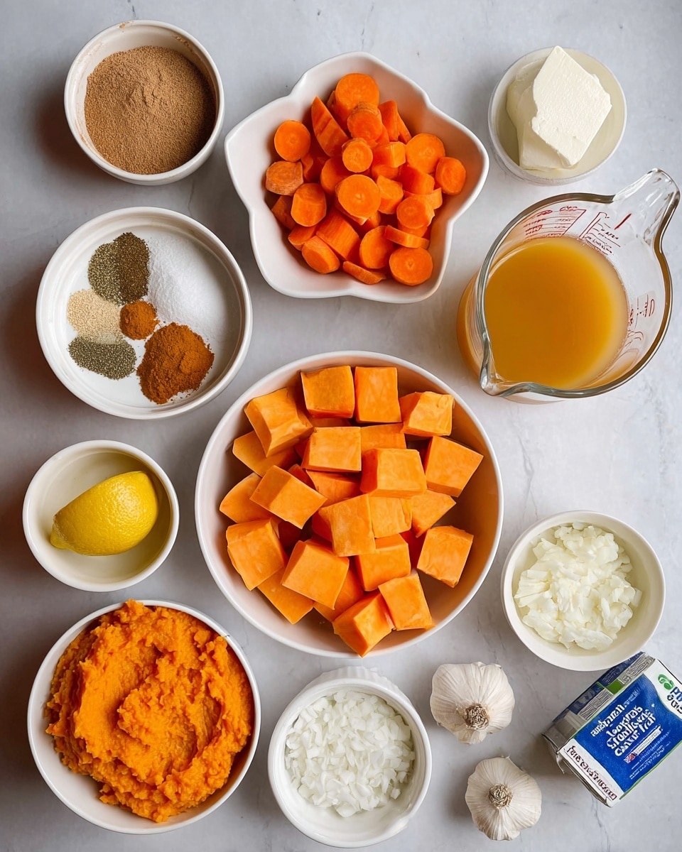 The image shows a cooking setup with several white bowls and containers arranged on a white marbled surface. In the center, there is a white bowl filled with cubed bright orange pumpkin pieces. To the right, there is a clear measuring cup with orange vegetable broth and a round white bowl filled with sliced bright orange carrots below it. A bit above and to the right, there is a small white bowl with a block of white cream cheese. On the far left, there is a bowl with brown sugar, and beside it, a bowl filled with orange mashed sweet potatoes. Above the pumpkin bowl is a flower-shaped white bowl containing several powdered spices in separate small piles—brown, white, yellow, and greenish colors. Below and left of this spice bowl is half a lemon, a small bowl of minced garlic, a small bowl with light-colored minced onions, a white bowl with a small amount of white cream, and a blue vegetable broth box partially visible at the very bottom. The whole setup is neat and well-lit, with natural colors and soft textures. photo taken with an iphone --ar 4:5 --v 7