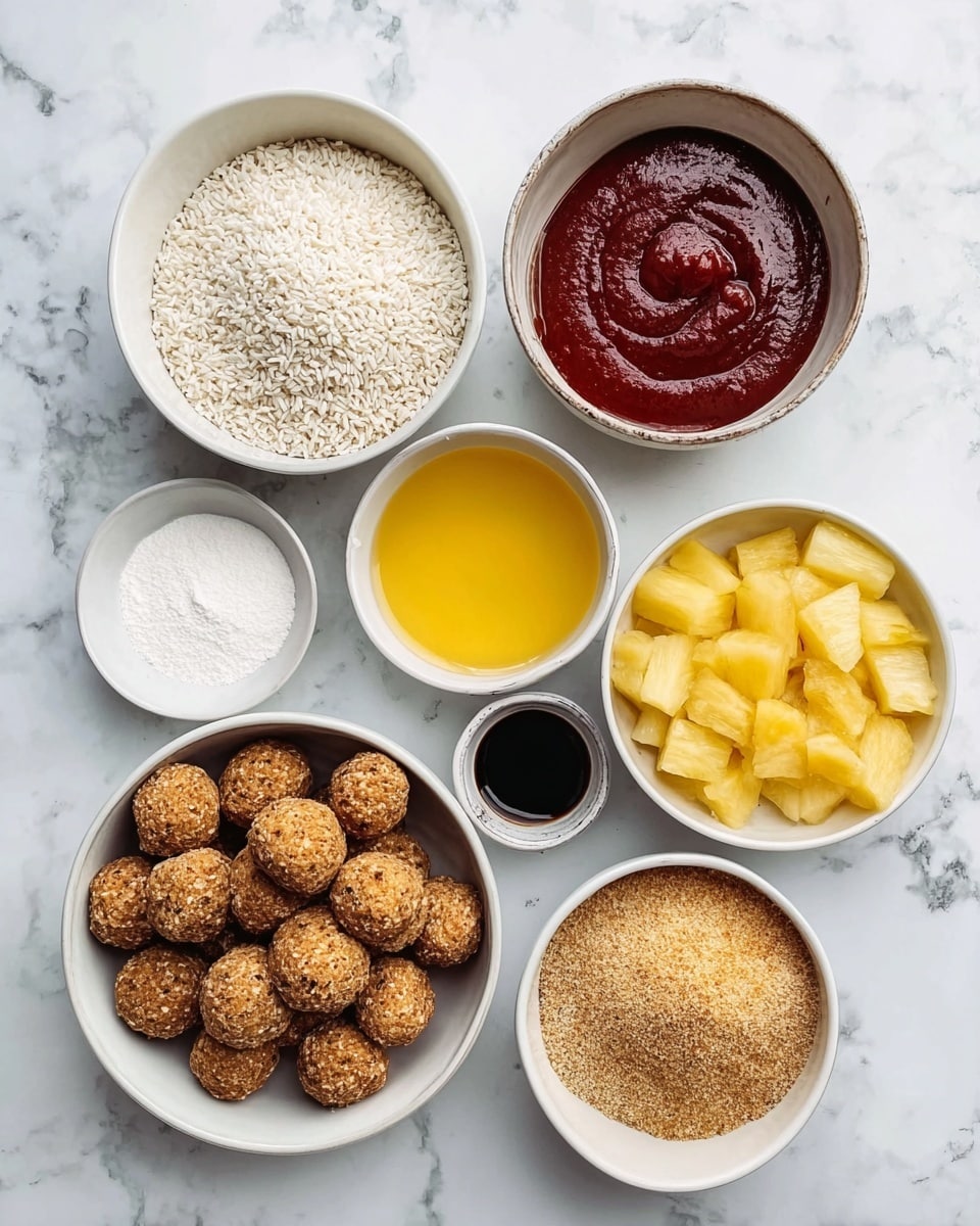 The image shows eight white bowls arranged on a white marbled surface, each filled with different ingredients. In the center bottom, there is a large bowl filled with small, round brown textured balls. To its left, a medium bowl holds white uncooked rice with a grainy texture. Above the rice, a small bowl is filled with thick dark red sauce, smooth and glossy. Next to it, a tiny bowl contains white powder with a slightly grainy surface. Just below it, a small cup holds a dark liquid that looks like soy sauce with a shiny surface. Near the center top, a medium bowl is filled with clear yellow liquid, smooth and slightly shiny. To the right, a medium bowl has golden brown sugar with a rough, crumbly texture. At the top right corner, a tiny bowl holds tiny beige seeds. Finally, to the bottom right, a medium bowl is filled with yellow pineapple chunks in syrup, glossy and slightly translucent. photo taken with an iphone --ar 4:5 --v 7