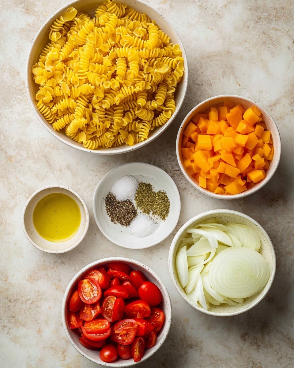 The image shows five white bowls arranged on a white marbled surface. The top left bowl is filled with bright yellow, curly pasta with a ridged texture, tightly packed. To the right, a white bowl holds small orange diced pieces with a slightly frozen look. Below the pasta bowl, there is a bowl with little red cherry tomatoes, halved, showing juicy, shiny interiors and seeds. At the bottom right, a bowl contains thinly sliced white onions, arranged loosely with visible crescent shapes. In the center, a small white bowl holds three piles of spices: black pepper, coarse salt, and dried green herbs. Near it, a small bowl contains a golden yellow liquid, likely oil. photo taken with an iphone --ar 4:5 --v 7
