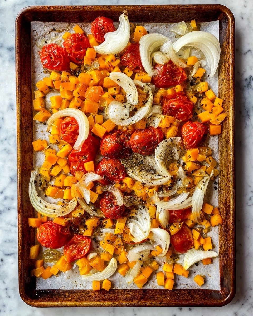 A rusty baking tray lined with white parchment paper holds a colorful mix of roasted vegetables. The base layer is made up of small, bright orange cubes spread evenly across the tray. Scattered on top are thin, curved slices of translucent white onion and halved, deep red tomatoes with a slightly wrinkled, roasted skin. The vegetables are sprinkled with dark herbs and black pepper, adding texture and contrast to the vibrant colors. The tray sits on a white marbled surface. photo taken with an iphone --ar 4:5 --v 7