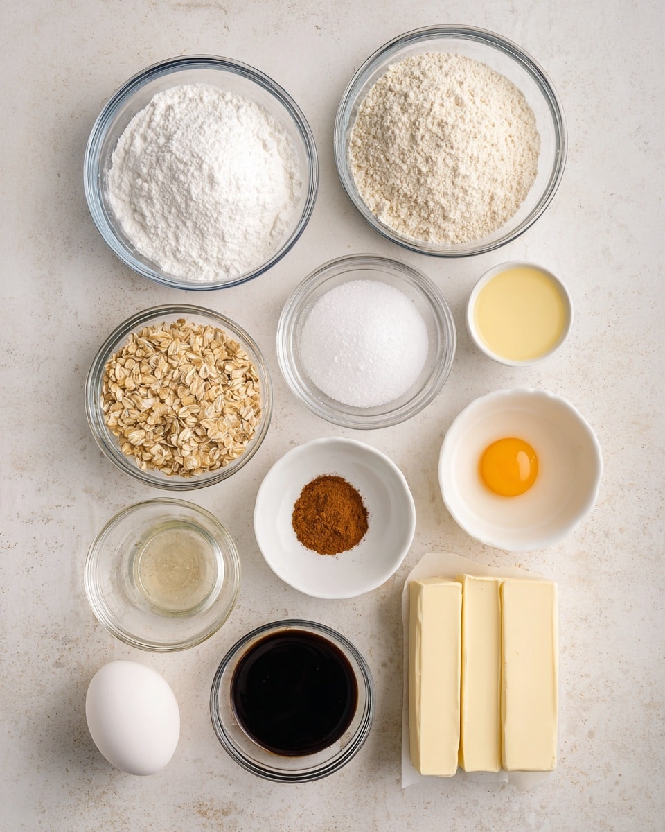 The image shows ingredients for baking arranged neatly on a light surface with a white marbled texture. There are nine containers in a loose grid: a glass bowl with white powdered sugar, a glass bowl with flour, a glass bowl with oats, a glass bowl with a light yellow liquid, a small white bowl with white baking powder, salt, and brown cinnamon, a small glass bowl with dark liquid (likely vanilla or syrup), a small glass bowl with a clear light brown liquid, a white egg, and two sticks of pale yellow butter wrapped in paper stacked side by side. All items are evenly spaced and clearly visible. photo taken with an iphone --ar 4:5 --v 7