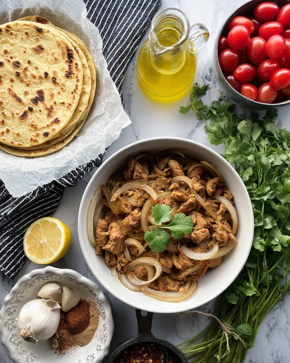 The image shows a white bowl filled with cooked brown chicken pieces mixed with lightly cooked white onion slices, topped with two green cilantro leaves in the center. To the top left, a stack of round flatbreads sits on a white plate lined with parchment paper, showing golden brown spots. Next to the bowl, a glass jug with yellow oil is placed on a striped black and white cloth. On the top right, a small white bowl holds bright red cherry tomatoes. A bunch of fresh green cilantro lies next to the bowl on the white marbled surface. Below, a decorative white plate holds a whole yellow onion, a half lemon with seeds visible, four peeled garlic cloves, and a small cast iron pan with seven different spices in various shades of brown, red, and white. Photo taken with an iphone --ar 4:5 --v 7