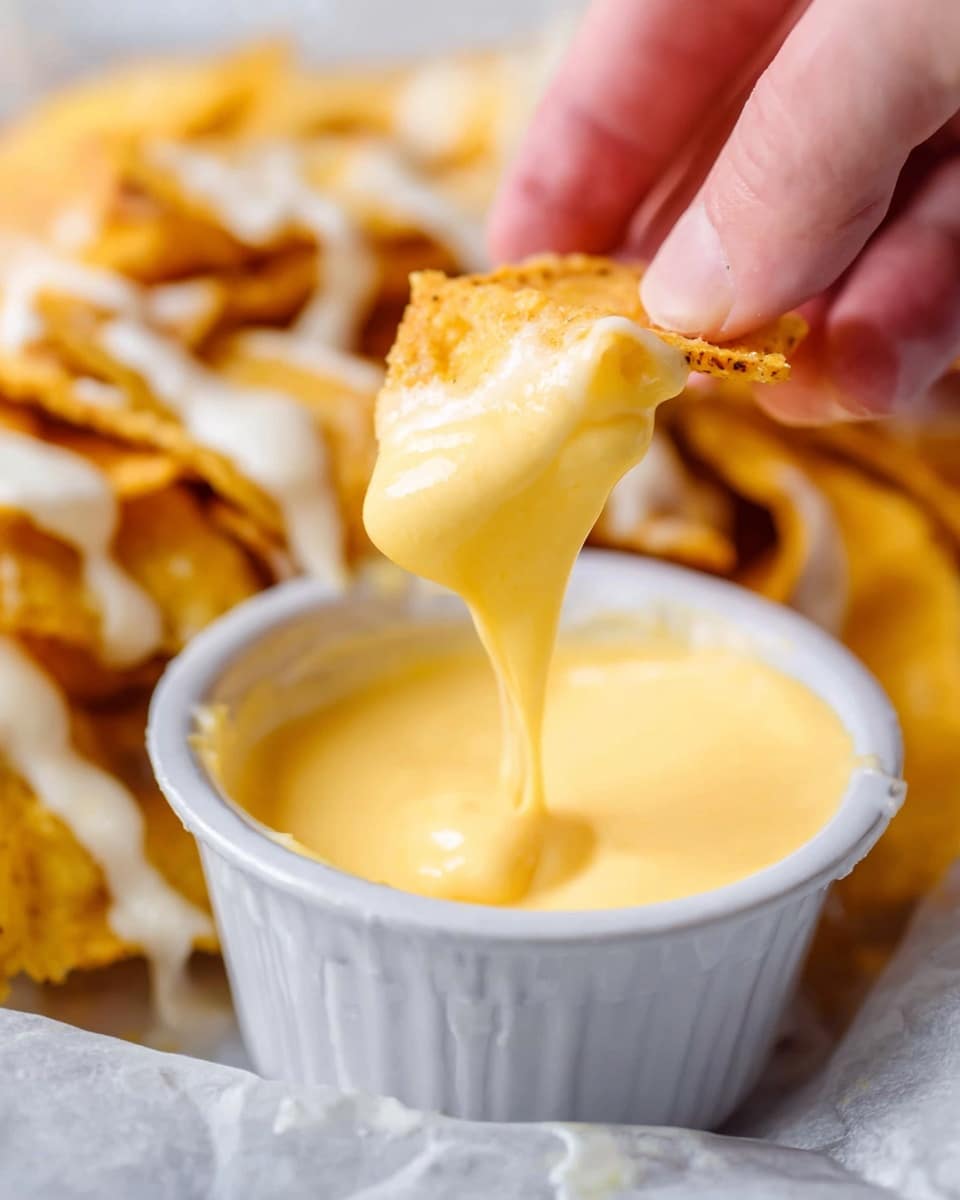 A close-up shows a woman's hand holding a thick, crunchy yellow chip dipped into a small white bowl filled with smooth, yellow cheese sauce. In the background, more chips covered with melted white sauce are stacked on a white marbled texture. The scene is bright and inviting, focusing on the rich texture of the cheese stretching from the chip into the bowl. Photo taken with an iphone --ar 4:5 --v 7