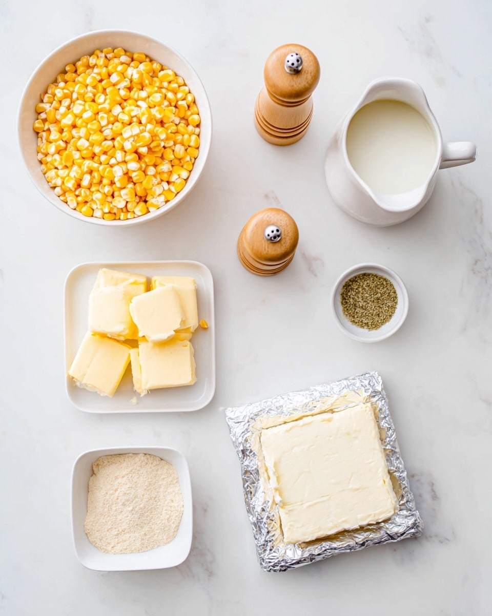 The image shows an overhead view of several small white bowls and containers on a white marbled surface. One bowl is filled with bright yellow corn kernels, another small square dish holds four light yellow butter slices. A small white pitcher contains cream or milk. Two wooden salt and pepper shakers are placed side by side. A separate small white square dish has two piles of fine powders with one pale beige and the other light yellow in color. There is also a small round bowl holding a green powdered spice. At the bottom right corner, a wrapped silver block of cream cheese with blue text is visible. Photo taken with an iphone --ar 4:5 --v 7