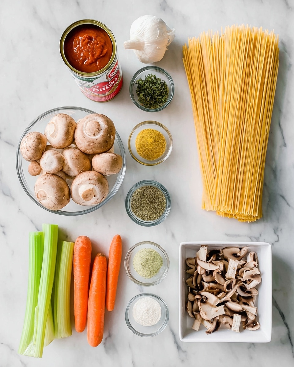 The image shows cooking ingredients laid out on a white marbled surface. At the top left, there are four cans of tomatoes with red and black labels. Next to the cans on the right, a clear container holds a tall fan of dry yellow pasta sticks. Below the cans and pasta, three small clear bowls hold green leafy herbs, yellow powder, and green dried herbs, arranged from left to right. On the left side, a clear round bowl is filled with whole beige mushrooms, while on the right side, a white square bowl is filled with sliced brown mushrooms. Below these, a white rectangular tray holds four whole orange carrots, three long green celery sticks, one light tan onion, and a whole head of garlic. Two small clear bowls containing white and green powders complete the scene. Photo taken with an iphone --ar 4:5 --v 7