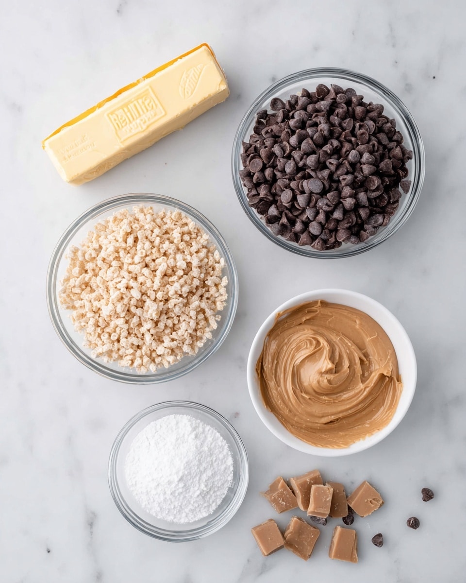 The image shows five ingredients arranged on a white marbled surface. In the top left corner is a stick of salted butter in a yellow wrapper. To the right is a clear glass bowl filled with dark brown chocolate chips. Below that, another clear glass bowl holds light tan crispy rice cereal. At the bottom left is a smaller clear glass bowl containing white powdered sugar, and to the right of it is a white bowl filled with smooth light brown peanut butter. Some pieces of cereal and a few chocolate chips are scattered casually nearby. Photo taken with an iphone --ar 4:5 --v 7