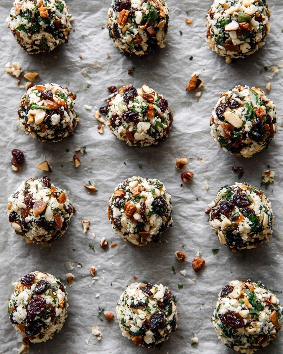 The image shows 15 small round cheese balls on a crinkled light gray baking sheet. Each ball is covered with chopped nuts, small dark dried fruit pieces, and small green herb leaves, giving them a rough texture and mixed colors of white, brown, dark purple, and green. The cheese balls are arranged in a neat grid with even spacing, and a few small crumbs are scattered around them. The light is soft, creating natural shadows that highlight the texture of the balls and the baking sheet. photo taken with an iphone --ar 4:5 --v 7