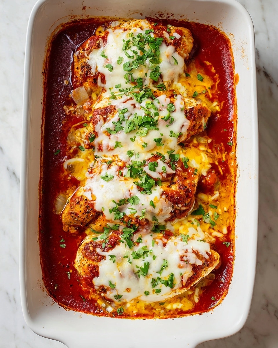 The image shows a white baking dish filled with four thick, cooked pieces of seasoned meat in a rich red tomato sauce that covers the bottom and edges of the dish. On top of each piece, there is a melted layer of white and yellow cheese with a slightly stretchy texture. Bright green chopped herbs are sprinkled over the cheese, adding a fresh pop of color. The tomato sauce has a slightly chunky texture, and the edges of the dish show some sauce stains. The background is a white marbled surface. photo taken with an iphone --ar 4:5 --v 7