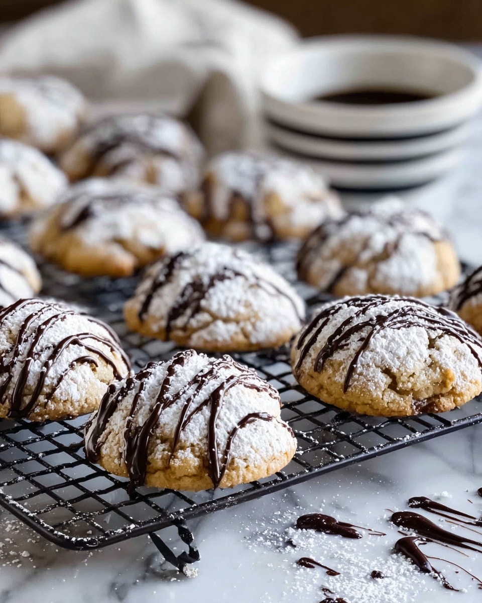 A close-up shows a group of round cookies on a black wire cooling rack placed over a white marbled surface. Each cookie is light golden brown, covered with a dusting of white powdered sugar on top, and decorated with thin, uneven drizzles of dark chocolate. In the background, there is a white bowl with vertical black stripes, slightly out of focus, containing some chocolate drizzle. Some powdered sugar and chocolate drizzle are scattered on the white marbled surface beneath the rack, adding texture to the scene. photo taken with an iphone --ar 4:5 --v 7