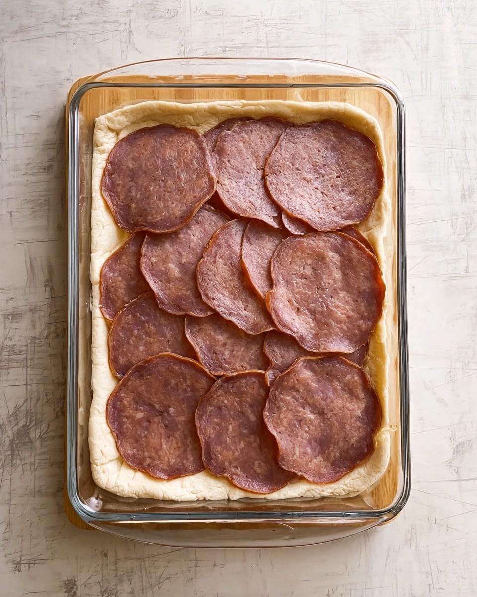 A clear glass rectangular dish holds a thick, pale dough layer pressed evenly along the bottom and up the sides, forming a crust base with slightly raised edges. On top of the dough, there are two layers of round, thin slices of brown deli meat that overlap each other, covering the entire dough surface. The dish is placed on a white marbled surface. photo taken with an iphone --ar 4:5 --v 7