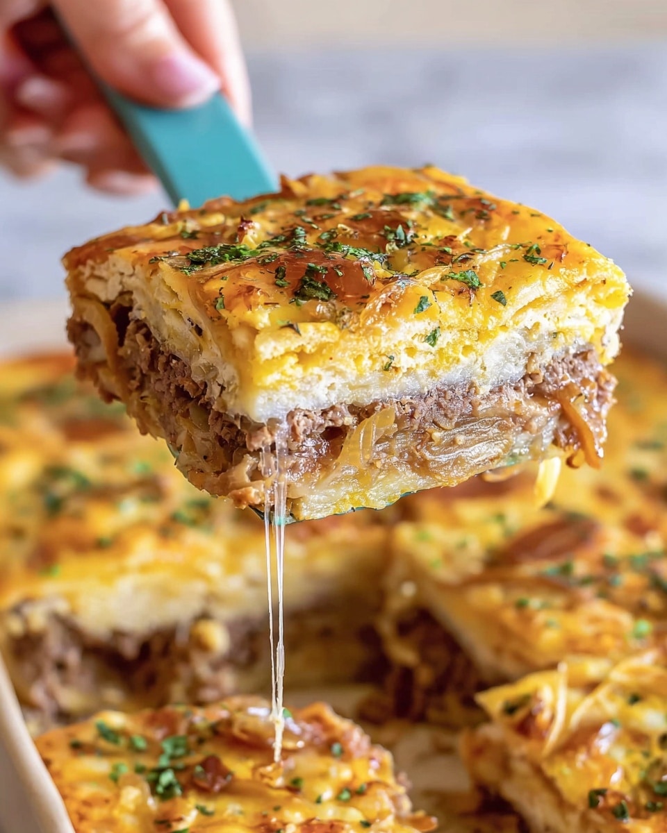 A slice of layered casserole is being lifted by a turquoise-handled spatula held by a woman's hand. The casserole has three visible layers: a top golden-yellow layer with a slightly crispy texture and sprinkled with green herbs, a middle thin layer with melted cheese and caramelized onions, and a bottom thick layer with folded slices of tender, brown meat. The slice shows a string of melted cheese stretching down as it is lifted. The casserole rests on a white marbled surface with more pieces of the same dish in the background. photo taken with an iphone --ar 4:5 --v 7