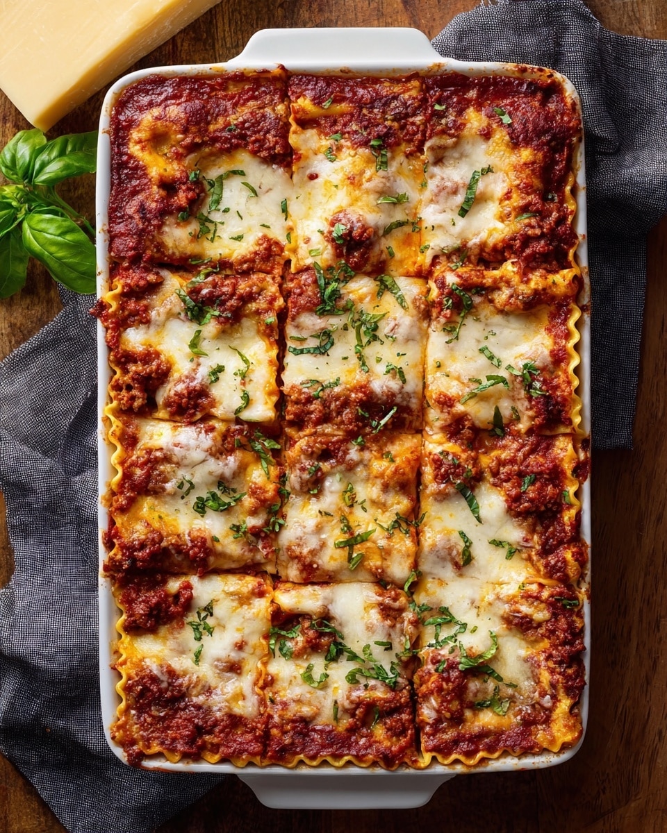 A white baking dish holds a freshly baked lasagna cut into nine square pieces. The top layer is browned melted cheese with green chopped herbs sprinkled over it. Below the cheese, thick, rich red tomato sauce with bits of cooked meat and small patches of golden baked cheese peek through. Lasagna noodles form multiple soft, pale yellow layers under the sauce that are visible at the edges. The dish sits on a wooden surface next to a block of hard cheese and a few basil leaves, with a dark gray cloth napkin nearby. The photo is taken with an iphone --ar 4:5 --v 7