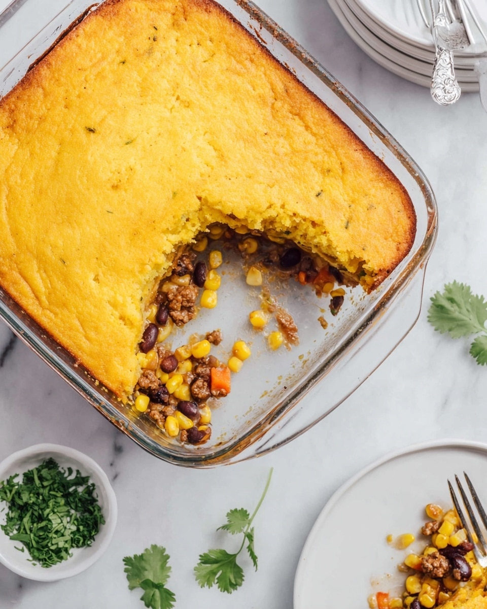 A glass square dish filled with a two-layer baked casserole is shown from above on a white marbled surface. The top layer is golden yellow, looking slightly crumbly and warm. A corner is missing, revealing the inside second layer, which has a mix of bright yellow corn, dark brown beans, small light brown ground meat, and some orange carrot pieces in a light sauce. Around the dish, there are white round plates, one with forks stacked on it and another with chopped green herbs. Some fresh green cilantro leaves are placed near the dish. The photo taken with an iphone --ar 4:5 --v 7