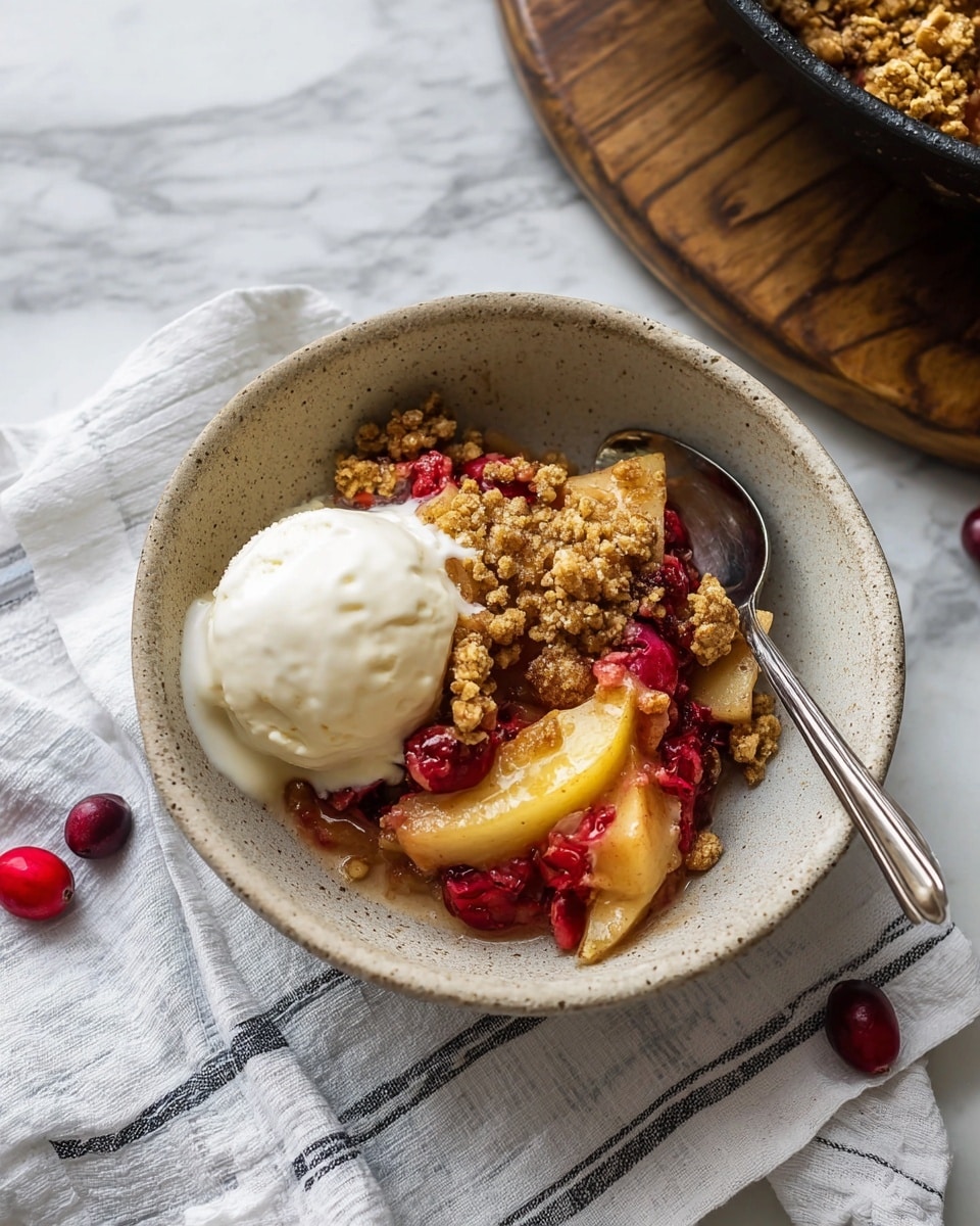 A bowl with a rough light beige texture holds a dessert with three main layers: a base layer of soft, cooked apple slices in light yellow and pale red shades, a middle layer of bright red cranberries mixed with fine oats and crumbly brown topping pieces, and a scoop of white ice cream resting on the side. A silver spoon sits inside the bowl, partially touching the dessert. The bowl is placed on a white cloth with grey stripes, all set on a white marbled surface with a wooden bowl edge and a few scattered cranberries nearby. photo taken with an iphone --ar 4:5 --v 7