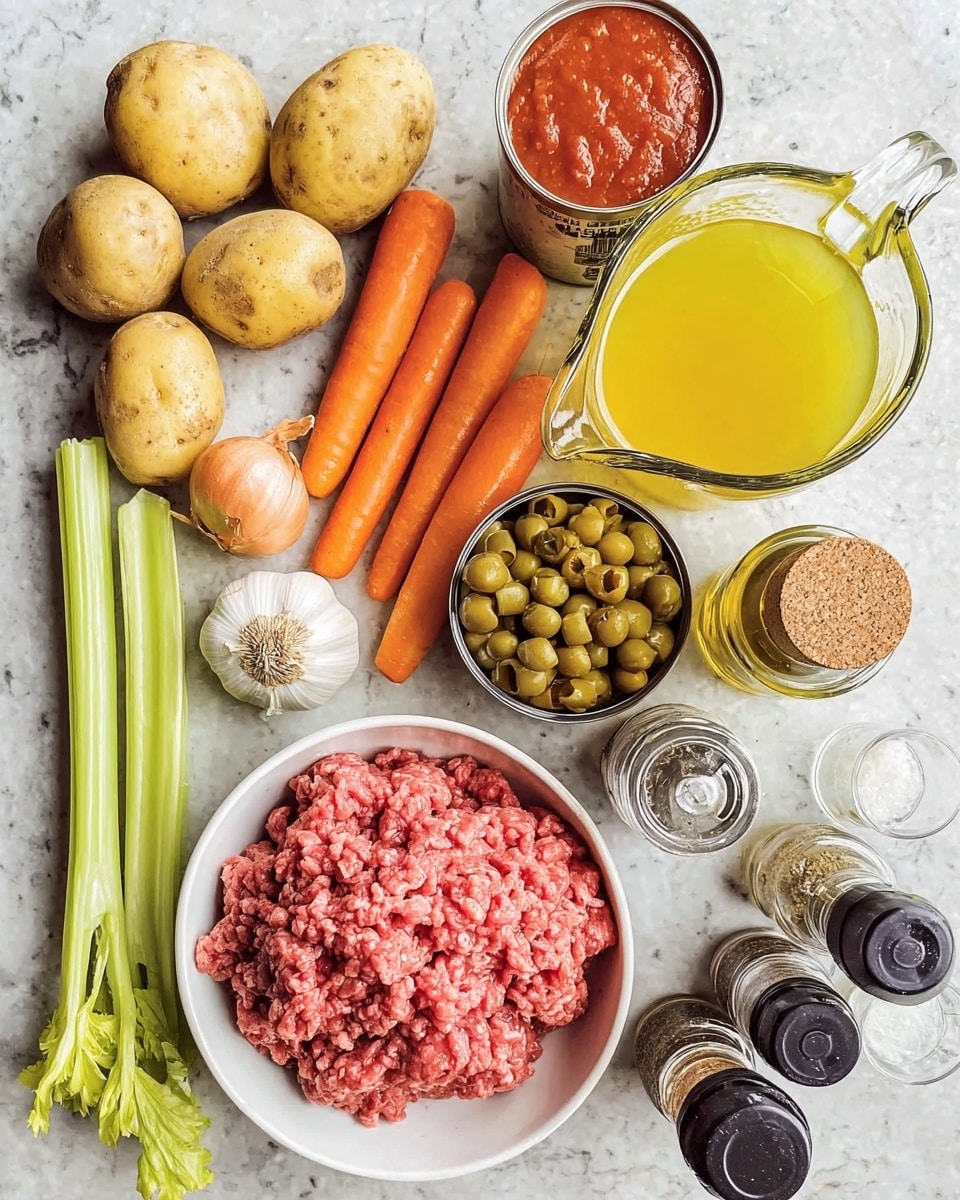 The image shows a collection of ingredients arranged on a white marbled surface. In the top left corner, there are six light brown potatoes, two orange carrots, two pieces of celery, and two onions with brown skin. Below the vegetables, there are two cloves of garlic. In the center right side, there is a white bowl filled with fresh pink ground meat. Surrounding the bowl, you can see a glass pitcher with yellow broth, a can with bright red tomato sauce, a jar filled with green cut beans, and a small open can with dark brown beans or olives. There is also a small bottle of olive oil with a cork stopper and several small spice jars and containers with black or silver tops close to the meat bowl. photo taken with an iphone --ar 4:5 --v 7