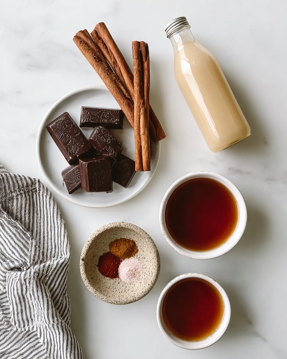 A white round plate at the top left holds dark brown square chocolates with a stamped design, stacked in two layers, topped with three long rolled cinnamon sticks arranged diagonally. To the right of the plate is a clear glass bottle filled with beige liquid. Below the plate is a white bowl filled with dark amber liquid, and to its right is a smaller white bowl with a similar but darker liquid. At the bottom center is a small, textured beige bowl with three spices inside, arranged in separate sections: dark brown, red, and light pink. A striped cloth lies at the bottom left corner on a white marbled surface. photo taken with an iphone --ar 4:5 --v 7