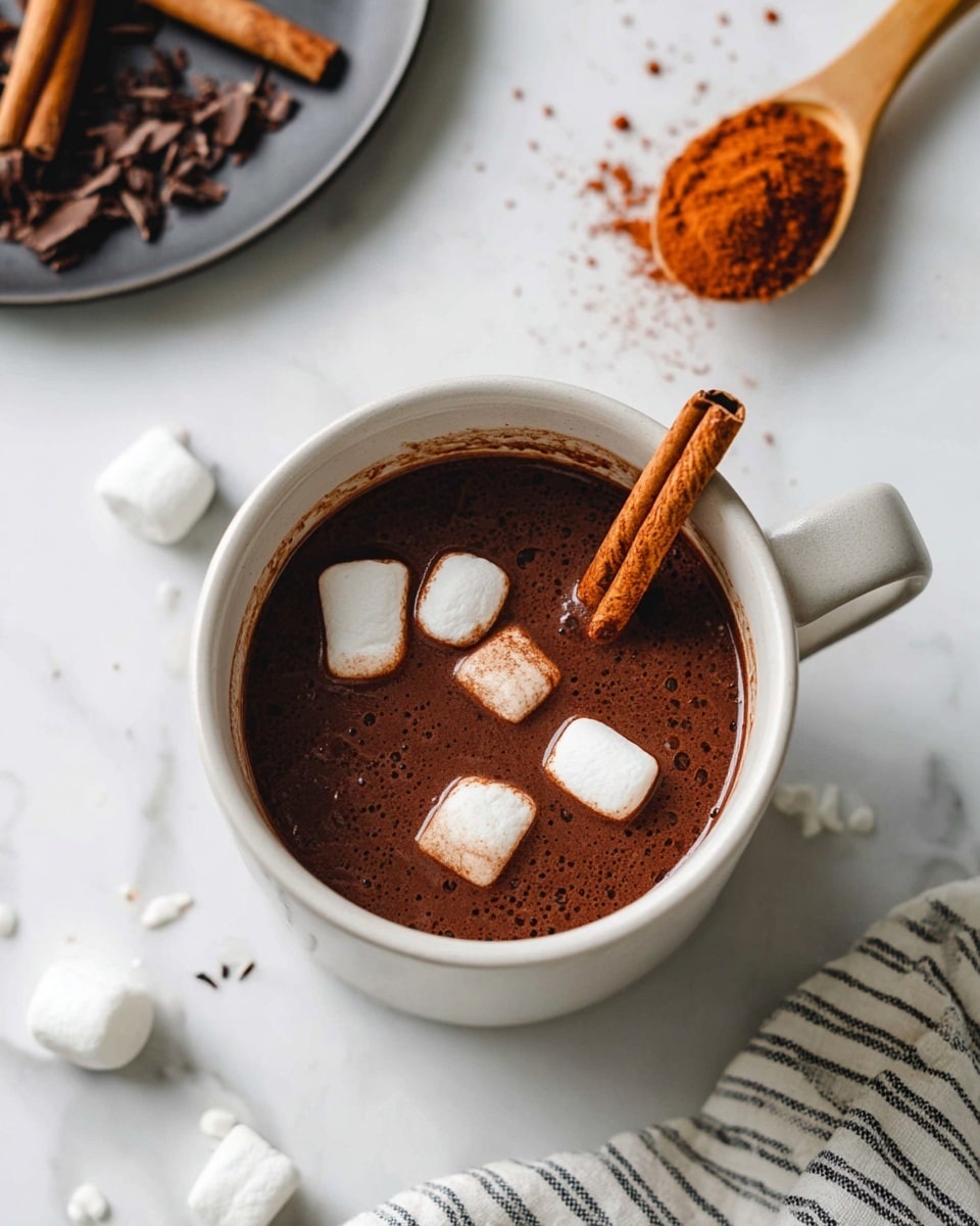 A white mug filled with thick dark brown hot chocolate with five white marshmallows floating on top, some slightly melting, and a single cinnamon stick standing upright on the right side inside the mug. The mug is placed on a white marbled surface with a striped cloth near the bottom right corner. Nearby, there is a dark plate with chocolate shavings and cinnamon sticks on the left side, along with a wooden spoon filled with a reddish-brown powder. A few small white marshmallows and chocolate sprinkles are scattered around the mug. photo taken with an iphone --ar 4:5 --v 7