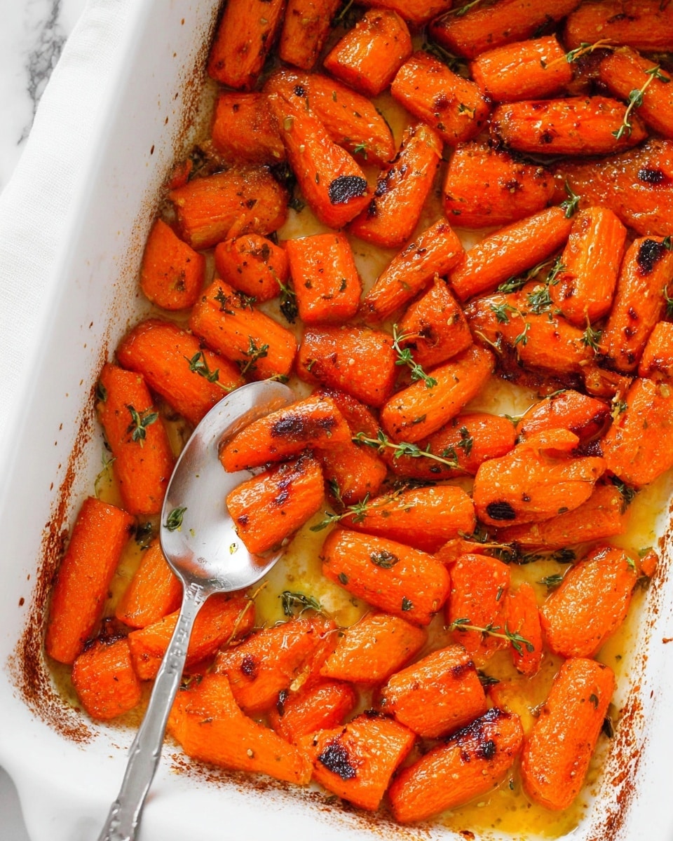The image shows a white baking dish filled with roasted carrot chunks, each piece a bright orange color with darker caramelized spots scattered across their surfaces. The carrots are coated in a shiny glaze made from herbs and oil, with small bits of herbs, possibly thyme, visible between and on the carrots. A silver spoon lies in the dish near the bottom, scooping up a few carrot pieces. The edges of the dish are slightly browned from cooking, contrasting with the bright carrots and the clean white baking dish. The background has a white marbled texture. photo taken with an iphone --ar 4:5 --v 7
