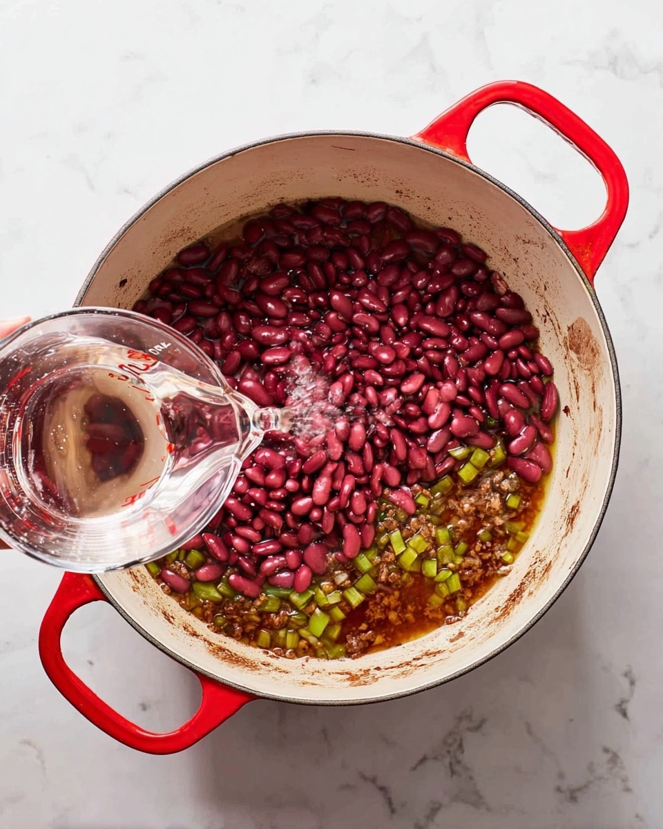 A large white pot with red handles sits on a white marbled surface, filled with three main layers: at the bottom, a mix of small green diced vegetables and brown spices forming a wet base; on top of this is a thick layer of deep reddish-purple beans covering most of the pot's bottom; a clear liquid is being poured into the pot from a transparent measuring cup held by a woman's hand, creating a small splash as it touches the beans. The inside of the pot shows some brown cooking marks, adding texture to the scene. photo taken with an iphone --ar 4:5 --v 7