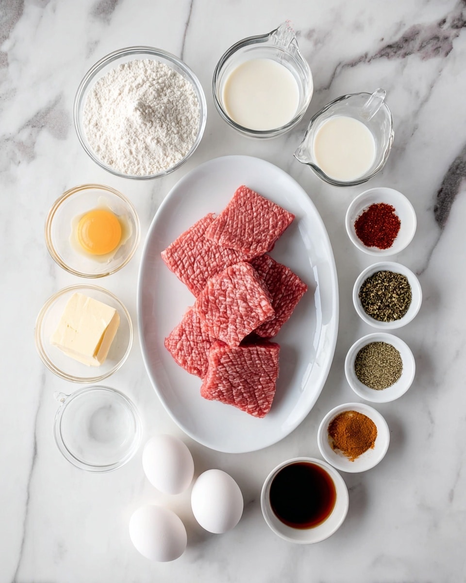 A white oval plate holds several pieces of raw pink meat with a textured pattern stacked unevenly in the center. Around the plate, small clear glass bowls contain white flour, a yellowish butter portion, black pepper, and reddish-brown spices. Three white eggs are placed near the flour. Two clear measuring cups with white creamy liquid and dark brown liquid are also present, along with three small white bowls holding green and red spices arranged vertically on the right side. The entire arrangement sits on a white marbled surface. photo taken with an iphone --ar 4:5 --v 7
