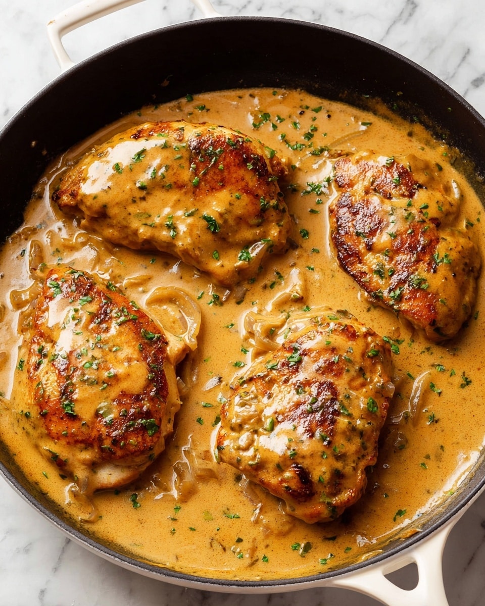 Four cooked chicken pieces sit in a black pan with a white handle, each covered by a thick, creamy, light brown sauce with small onion slices mixed in. The chicken has browned tops with a slightly crispy texture, peeking through the sauce, and the sauce is dotted with small green herbs scattered on top. The pan is placed on a white marbled surface. photo taken with an iphone --ar 4:5 --v 7