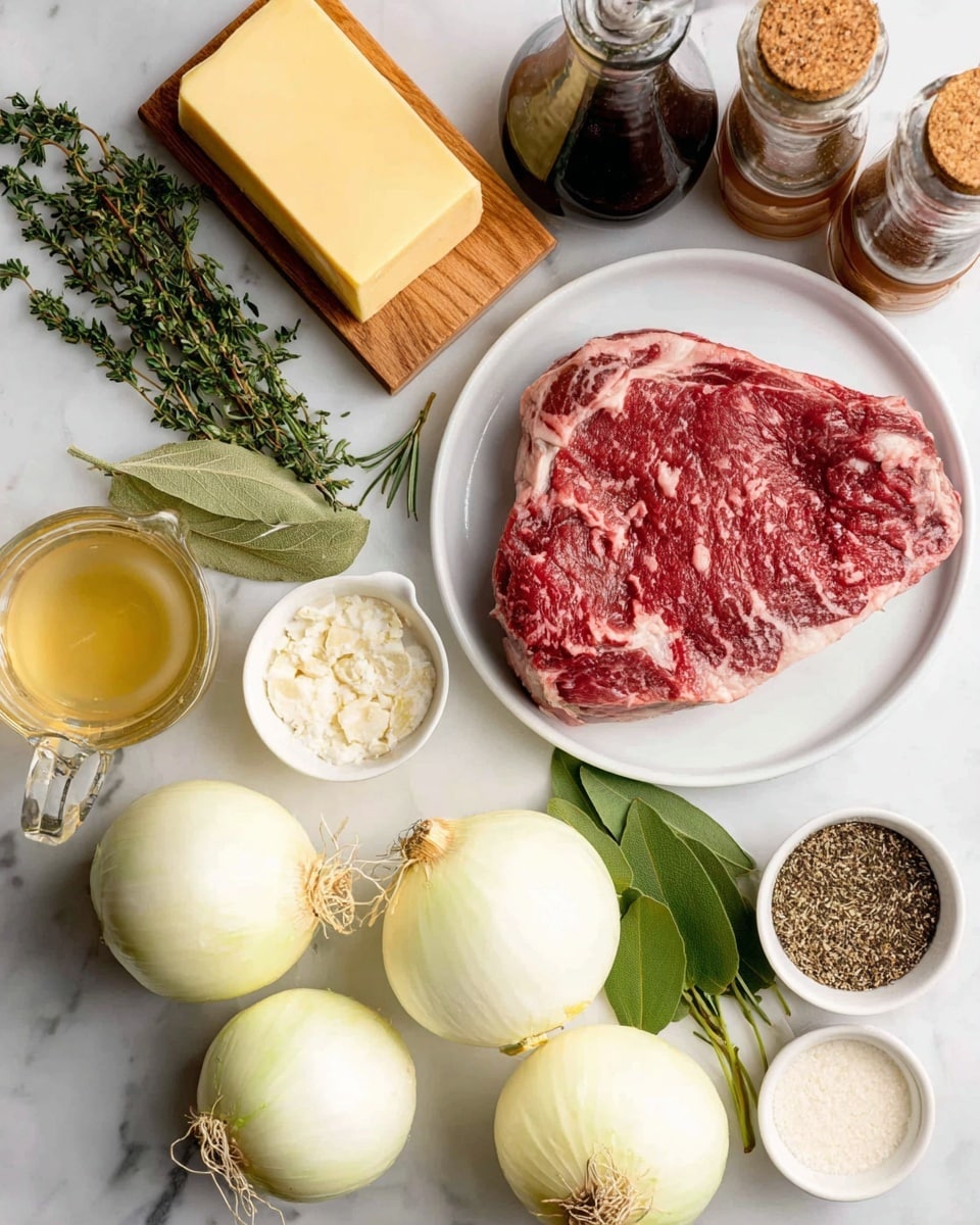 The image shows a white plate with one large raw steak with red and light pink marbling placed on the bottom left, surrounded by ingredients on a white marbled surface. To the right of the steak are five whole white onions with light brown roots. Above the onions is a small glass measuring cup with a light yellow liquid. Near the measuring cup are small white bowls, one holding minced garlic and another holding a white powder, likely flour. Above these bowls are fresh green herbs, including bay leaves and sprigs of rosemary and thyme. To the top left of the steak is a block of yellow butter next to a wooden container of coarse salt, and further left is a glass bottle containing a dark brown liquid. On the upper right corner are containers of black pepper and another seasoning in clear glass bottles. photo taken with an iphone --ar 4:5 --v 7