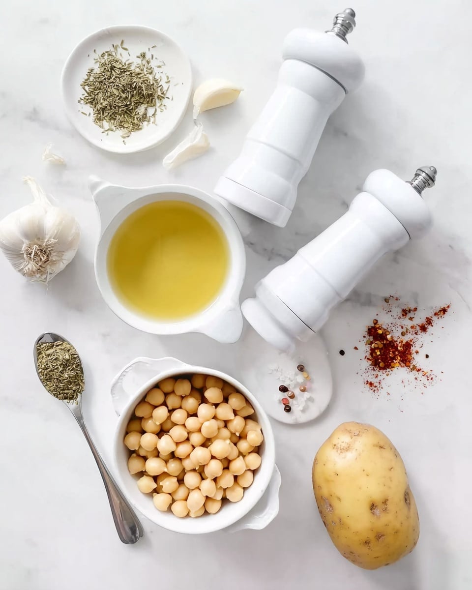 A top-down view shows small ingredients arranged on a white marbled surface. There is a single potato at the bottom right, light brown with visible spots. Near the center, a white bowl filled with light beige chickpeas in water is placed. Above it, two small white dishes hold clear golden liquid (broth) and yellow olive oil. To the right, two white grinder mills stand side by side. On the left, a whole bulb of garlic with some cloves exposed sits next to a small white plate holding dried green herbs and red pepper flakes. A metal spoon with a red spice rests near the center. The setting is bright and clean with soft natural light. Photo taken with an iphone --ar 4:5 --v 7