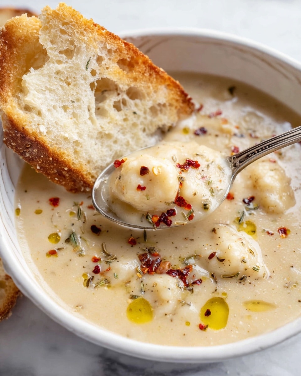 A white bowl filled with thick creamy soup that is light beige in color, with small dumpling-like pieces throughout; the soup is topped with a drizzle of olive oil and scattered red pepper flakes and dried herbs. A piece of sliced baguette with a crunchy golden-brown crust and soft inside rests on the edge of the bowl. A silver spoon lifts a dumpling and some soup above the bowl. The background is a white marbled surface. Photo taken with an iphone --ar 4:5 --v 7