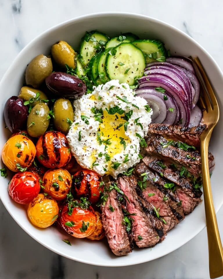 Mediterranean Steak Bowl with Grilled Sirloin, Fresh Vegetables, and Creamy Tzatziki Recipe
