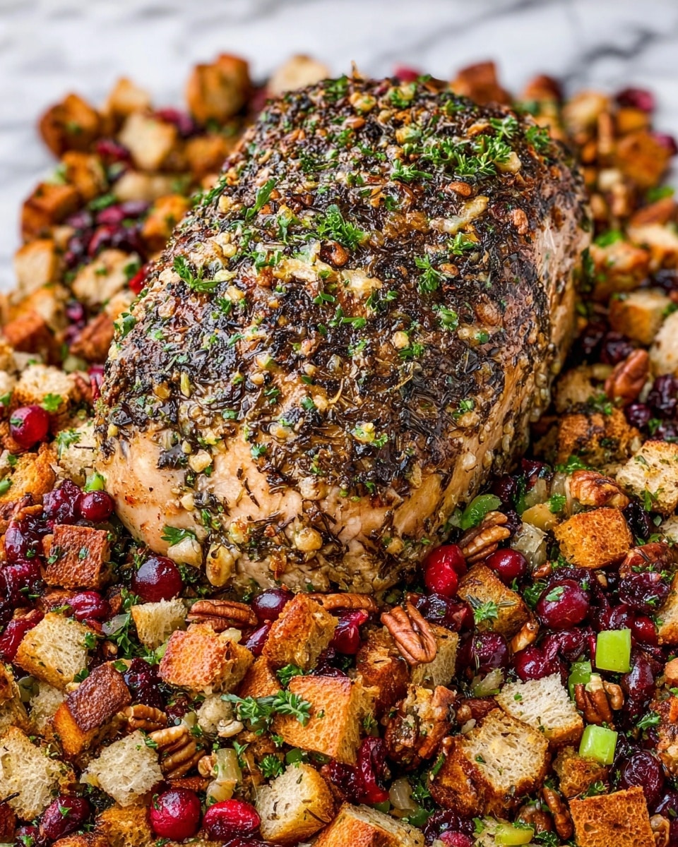 A large, golden-brown roasted piece of meat sits in the center, covered with a mix of cooked herbs that give it a speckled texture of dark greens and black. Surrounding it is a thick layer of stuffing made of irregularly shaped toasted bread cubes in light brown and tan, mixed with bright red cranberries, chopped celery in light green, dark brown pecans, and finely chopped fresh green herbs scattered on top. The dish is presented on a white marbled surface that highlights the warm and earthy colors of the food. photo taken with an iphone --ar 4:5 --v 7