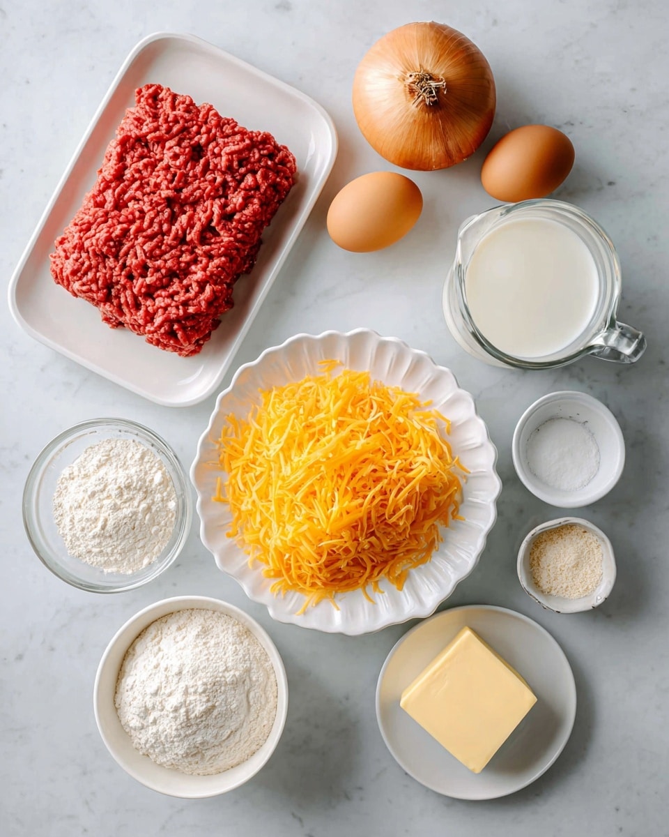 A flat lay of ingredients arranged neatly on a white marbled surface, featuring a white rectangular tray with bright red ground meat at the top left, a small white bowl with two brown eggs below it, and a whole yellow onion next to the eggs. In the center, a small white bowl filled with finely shredded orange-yellow cheddar cheese sits on a white scalloped plate. Nearby, a small white bowl with white flour, a tiny white dish with a light beige powder, a little plate holding a small square of pale yellow butter, and a clear measuring cup filled with white milk are spread around. The overall scene is bright and clean. Photo taken with an iphone --ar 4:5 --v 7