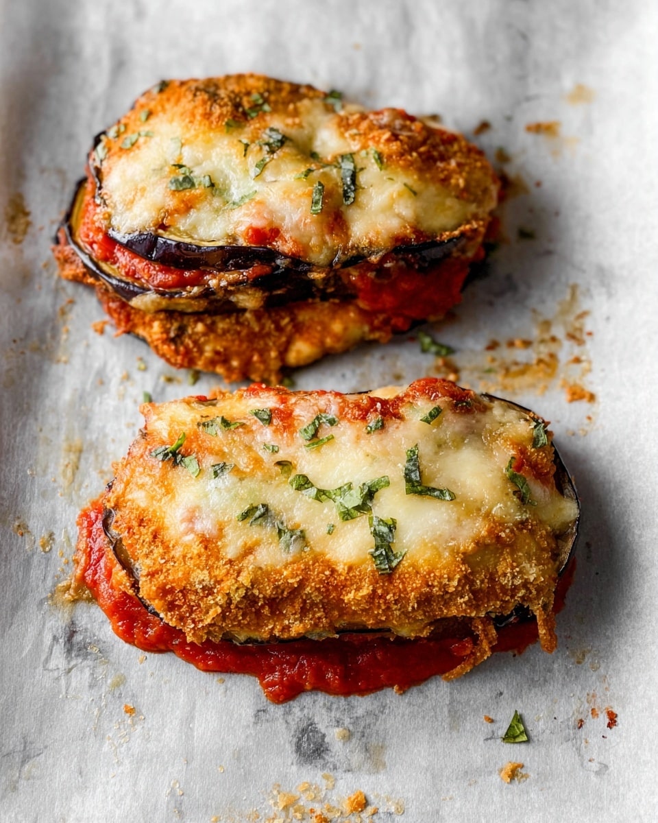 The image shows two pieces of eggplant parmesan on gray baking paper over a white marbled surface. Each piece has three layers: at the bottom is a bright red chunky tomato sauce, in the middle is a thick, crispy breaded layer with a textured golden-brown crust, and on top is a layer of baked eggplant coated in melted cheese with a slightly browned, bubbly surface and specks of green herbs. Small bits of cheese and herbs are scattered around the eggplant pieces. photo taken with an iphone --ar 4:5 --v 7