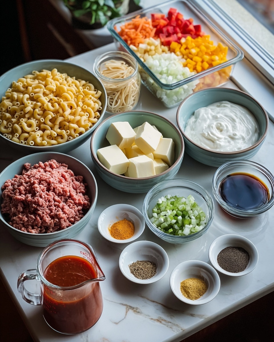 The image shows many bowls and containers with ingredients laid out on a white marbled surface near a window. There is one bowl filled with uncooked elbow macaroni pasta, a bowl with raw ground meat, and a small bowl with cooked soft noodles. Two cubes of butter are placed in a bowl, next to a bowl with white creamy yogurt. There are diced onions in two small bowls, one with finely chopped white onions and one with roughly chopped green onions. Spices in three small bowls show a mix of red, yellow, black, and white powders. A glass measuring cup holds a red sauce, and another smaller glass container has a dark liquid, possibly soy sauce. In the background, a square clear container holds mixed vegetables, including diced red tomatoes, cucumbers, carrots, and pineapple chunks. photo taken with an iphone --ar 4:5 --v 7