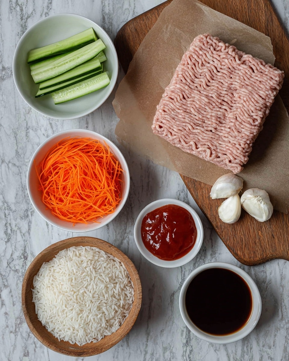 The image shows ingredients arranged on a white marbled surface: on the right, a square block of raw light pink ground meat lies on brown parchment paper on a wooden board; to the top left, a white bowl holds green cucumber slices; just below it, another white bowl contains orange shredded carrots; at the bottom left, a wooden bowl is filled with white uncooked rice; near the bottom center, two garlic cloves rest beside a small white dish with thick red sauce; and at the bottom right, another small white bowl contains a dark brown liquid. Photo taken with an iphone --ar 4:5 --v 7