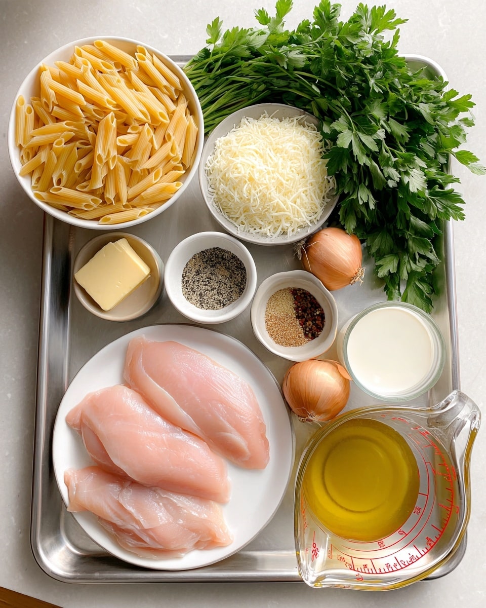 The image shows raw ingredients arranged neatly on a silver tray with a white marbled surface below. On the tray, there are three raw light pink chicken breasts placed on a white plate at the bottom left. Above the chicken, there is a white bowl filled with uncooked pale yellow penne pasta. Next to the pasta, a small white bowl holds a mound of finely shredded white cheese. Fresh green parsley with long stems sits behind the cheese and pasta towards the top right. In front of the parsley, a smaller white bowl contains a mix of black, white, and red spices. To the right of the spices, there is a small round beige dish with a square of pale yellow butter. Below the butter, a small white bowl holds light golden olive oil. In the center at the right, a clear glass measuring cup with red markings is filled with light yellow chicken broth. There is a whole brown onion and two garlic bulbs near the bottom of the tray. Another clear glass measuring cup filled with white milk is positioned near the top right corner. The whole setup has bright, natural lighting with a woman's hand slightly visible holding the tray's edge. Photo taken with an iphone --ar 4:5 --v 7