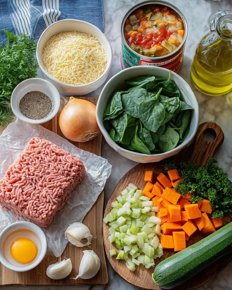 The image shows a wooden surface with many cooking ingredients arranged neatly. On the left, there is a block of pink ground meat on white paper over a blue and white cloth. Above it are two white bowls; one filled with light yellow breadcrumbs and the other with shredded white cheese. Behind these bowls is a can of mixed vegetables with visible red, orange, and white pieces in a tomato sauce. Next to them is a bowl filled with fresh dark green spinach leaves. At the center is a whole yellow onion and a closed red can with unreadable label, placed near a bunch of fresh green parsley. To the right, a round wooden board holds chopped bright orange carrots, pale green celery pieces, and at the bottom right of the board a whole green zucchini is seen. Near the board, three peeled garlic cloves are placed on the surface, and below them is a small white bowl with a mix of black and white pepper. Above it a small white dish holds a raw egg with a bright yellow yolk and clear white. In the background, a glass bottle with clear light yellow oil is placed on the white marbled texture surface. The photo taken with an iphone --ar 4:5 --v 7