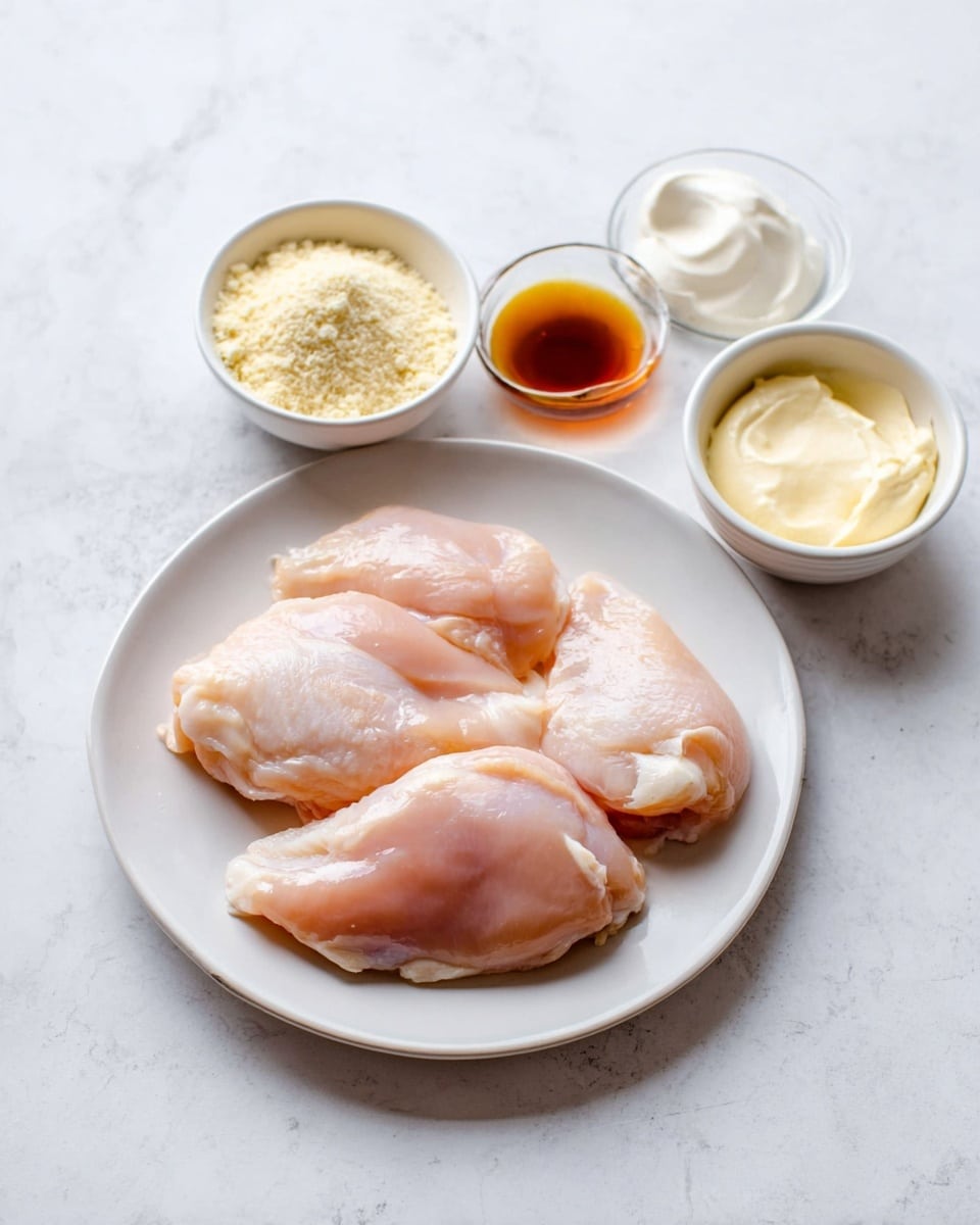 A white round plate with four raw chicken pieces placed close together, showing a light pink and shiny texture; above the plate, there are four small white bowls arranged in a line, from left to right - the first bowl contains pale yellow powder with a crumbly texture, the second bowl holds a creamy white thick substance, the third bowl is filled with a clear dark amber liquid, and the fourth bowl shows a light yellow creamy mixture with a smooth texture; all items rest on a white marbled surface photo taken with an iphone --ar 4:5 --v 7