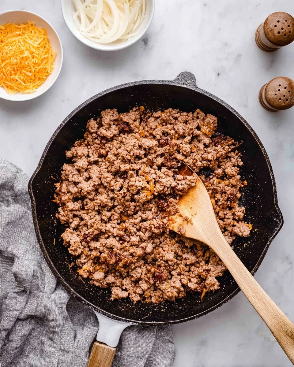 A large black cast iron pan filled with browned ground meat, small and crumbly, with some darker crispy bits. A smooth wooden spoon rests inside the pan on the right side, partially touching the meat. Around the pan are two white bowls, one with thin white slices and the other with shredded orange cheese. To the upper right, there are two round wooden salt and pepper shakers. The pan sits on a white marbled surface, and a crumpled gray cloth is placed to the lower left. Photo taken with an iphone --ar 4:5 --v 7